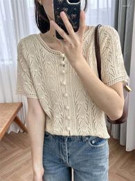 Tricots pour femmes Sweater 2024 Crochet Hollow Out Round Nou Single Breasted Slim Casual Short Sleeve Cardigan