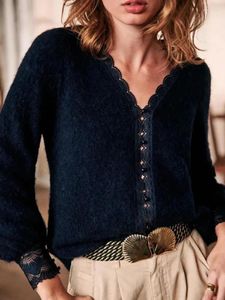 Pull en laine d'alpaga tricoté pour femme, pull en dentelle, couture, col en v, simple boutonnage, Cardigan en laine