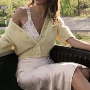 Femmes Tricots Femmes Pull Mohair Vintage Demi Manches Cardigan Printemps Été 2022 Jaune Rose Couleur Casual V Cou Style Français Vêtements1