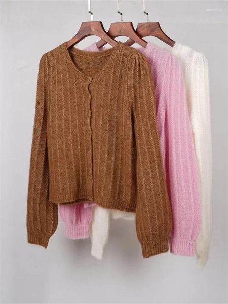 Pull tricoté à col rond pour femme, simple boutonnage, doux et confortable, décontracté, manches bouffantes, Cardigan tricoté, automne