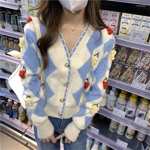 Damesbreien vrouwen zoet gebreide top vest mode ontwerp lange mouw v nek plaid trui trui jumper enkele borst casual losse breierwear