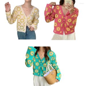 Femmes tricots femmes doux Y2k pull à manches longues t-shirts boutonné Cardigan évider Crochet tricoté haut court T-Shirt Streetwear