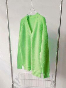 Cárdigan de punto verde con cuello en V para mujer, suéter holgado de manga larga para mujer, Tops de punto