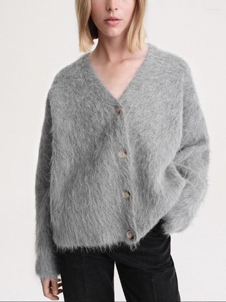 Puntos de mujer Mujeres Blanco o Gris Punto Cardigan Silueta V-Cuello Suelto Casual 2023 Otoño Invierno Manga larga Mujer Suéter Abrigo