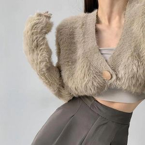 Tejidos para mujer Abrigo de invierno para mujer Moda coreana Cárdigan con botones mullido Mantener caliente Corto Cuello en V profundo Ropa de primavera