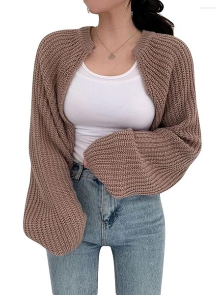 Mujeres de punto Y2k de punto de ganchillo de manga larga Crop Top Bolero Cardigan Color de contraste Vintage Cropped Shrug Sweater