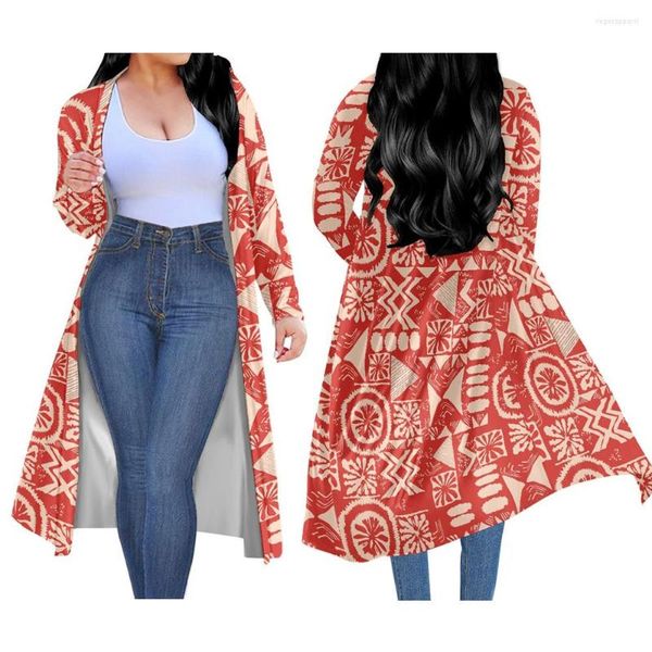 Tejidos de mujer Moda para mujer Cárdigan de manga larga Capa Polinesia Samoa Fijian Tapa Tribal OEM Diseñador Playa Frente abierto Kimono Trench Coat