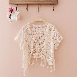 Puntos de mujer para mujer Verano de manga corta Borlas de encaje Cardigan Floral Crochet Beach Cover Up Shrugs Open Front Crop Chaquetas N7YD