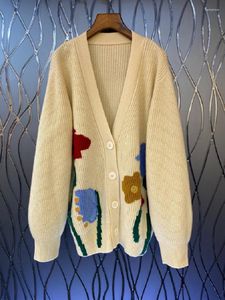 Femmes tricots laine tricoté Cardigan 2022 automne hiver hauts manteau haute qualité femmes col en v motifs de fleurs à manches longues vêtements d'extérieur décontractés
