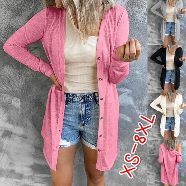 Knits de mujer XS-5XL Moda de talla grande Mujeres Spring y otoño Copas casuales Color sólido Manga larga Cardigan delantero Damas sueltas