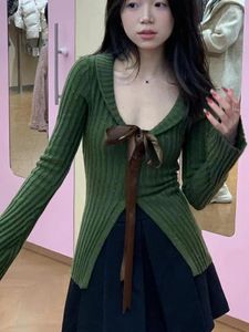 Tricots féminins Y2K esthétique grunge baisser les cartes de collier harajuku bandage vert pulls streetwear slipted slim fit manteaux