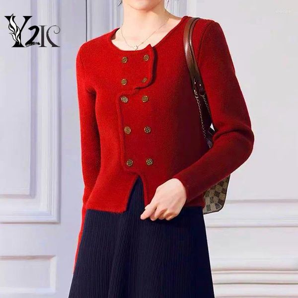 Tricots pour femmes Y2K vêtements mode coréenne rouge double boutonnage col rond manches longues tricoté cardigan veste pour femmes automne pull décontracté
