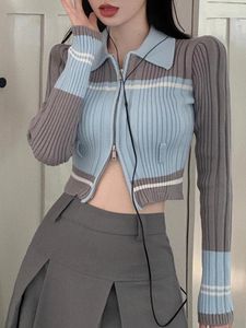 Tricots pour femmes Y2K Crop Cardigan Femmes Vintage Slim Tricoté Tops Femme Coréenne Mode À Manches Longues Tricots Dames Doux Pull À Fermeture Éclair