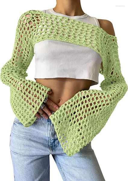 Puntos de mujer Y2k Moda Mujeres Crochet Punto Hollow Out Top Manga larga acampanada Encogimiento de hombros Suéter Malla Cubierta Ups Cardigan Coreano Streetwear