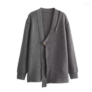 Puntos de mujer YENKYE Otoño 2023 Mujeres Mid-Gray Single Button Cut Out Knit Wool Blend Cardigan Abrigo