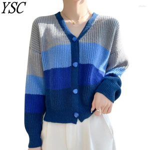 Tricots pour femmes YSC 2024 modèles femmes tricoté Andy velours Cardigan col en V bloc de couleur à manches longues de haute qualité coupe ample