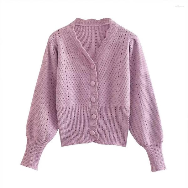Cárdigan de punto de moda para mujer ZAA otoño 2023 elegante elegante mangas abullonadas chaqueta de suéter informal Retro de un solo pecho