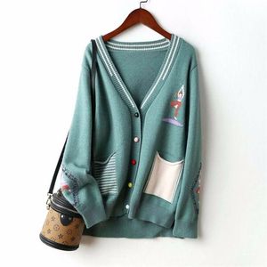 Gebreide jas met dames nieuwe herfst en winter Koreaanse versie van de v-hals mode Outer Cardigan Sweater Women 210204