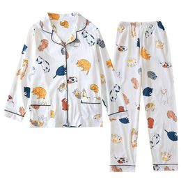 Pantalones de punto de manga larga para mujer, conjunto de pijama de dos piezas para verano y otoño, estampado de estilo suelto de algodón 211215