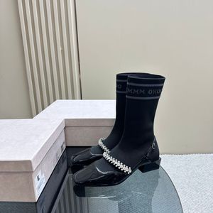 Bottes tricotées à talons bas pour femmes, boucle imprimée tendance, bottes en cuir cousues à talons hauts de 3cm, spectacle de fête, mariage, chaussettes d'extérieur, boîte assortie de chaussures 35-41