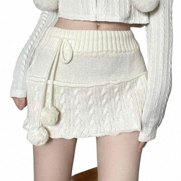 Mini jupe tricotée avec pompon pour femme, jupe courte douce pour fille, tenue féerique Kawaii B740 #