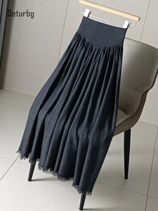 Jupe longue en laine tricotée pour femmes, avec pompon, taille haute, anti-boulochage, plissée, chaude, ligne a, hiver K387 240111