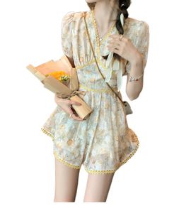 Femmes couleur coréenne manches courtes imprimé fleurs col en v en mousseline de soie short combinaison barboteuses SMLXL