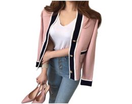 Koreaanse damesmode kleurblok verdikking herfst gebreide truien vest slanke taille jas roze blauw