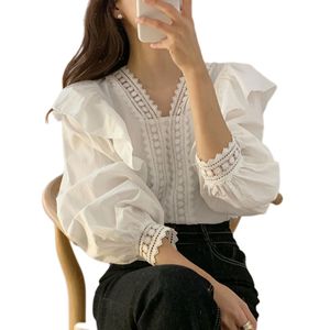 Koreaanse damesmode ruches v-hals kant gepatchte blouse met lange mouwen effen kleur shirt tops