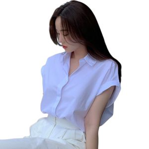 Koreaanse mode voor dames met korte mouwen, omgeslagen kraag, effen kleur OL-werkblouse-overhemd, tops SMLXL
