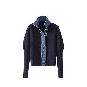 Koreaanse mode-sweaterjas voor dames Lente Herfst Denim Patchwork Gebreid vest Omslagkraag Jas met enkele rij knopen SMLXLXXL3XL4XL