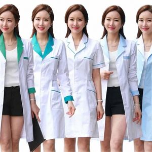Blouse de laboratoire pour femmes Fi Uniformes médicaux Veste LG avec ceintures latérales à manches courtes / manches LG Vêtements de travail Phcy White Coat w0Je #