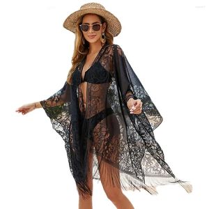 Traje de baño de encaje para mujer, ropa de playa con borlas sueltas florales, Bikini para nadar, cárdigan tipo kimono, blusa, traje de baño, ropa de resort