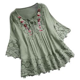 Vrouwen S Lace Crochet Blouse Elegante borduurbanden Hollow Up Shirts Cotton Linen Plus Size Blusas Chemise 5xl 220628