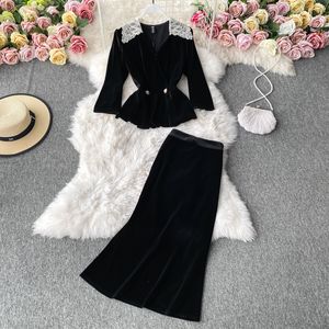 Vrouwen kant turn-down kraag fluwelen stof peplum top en zeemeermin midi lange rok twinset 2-delig rokkostuum SML