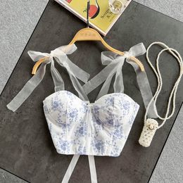 Bandage de laçage pour femmes bretelles spaghetti broderie rembourrée fleurs bleues bustier haut-nombril débardeurs camisoles