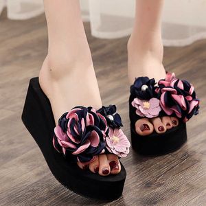 Dames grote maat hoge hakken slepen vrouw slip mode strand sandalen en slippers diy bloemen sandalen Simple x0526