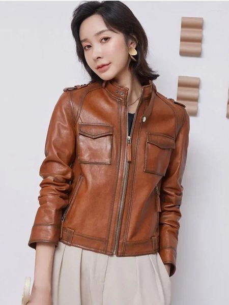 Veste en cuir véritable pour femme, manteau de motard en peau de mouton, printemps-automne, vêtements d'extérieur, marron, noir, XXXL, nouvelle collection 2023