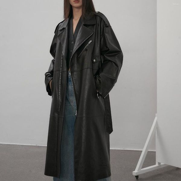 Veste de moto en cuir véritable pour femme, Trench-Coat, tanné végétal, peau de mouton véritable, longue fermeture éclair, nouvelle collection 2023