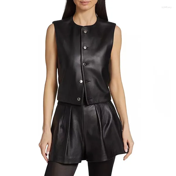 Gilet en cuir sans manches pour femmes, haut à col rond, veste courte péplum, Short, costume de haute qualité, automne 2023