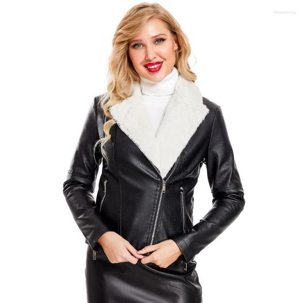 Chaqueta de cuero con cuello de piel de terciopelo para mujer, ropa de calle para Moto, abrigo cálido S659, otoño e invierno, 2023