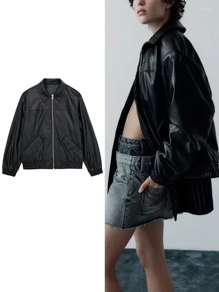 Manteau en cuir PU à manches longues pour femme, vêtement d'extérieur, col rabattu, mode Kpop, fausse veste, High Street, automne hiver 2023