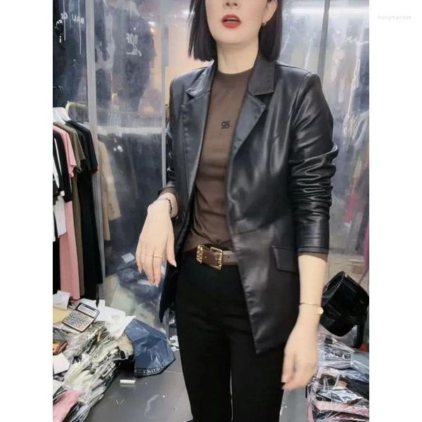 Veste en cuir PU pour Femme, Slim, noir, doux, Blazer à boutons, fausse Femme, vêtements d'extérieur, manteau, automne 2023, Q339