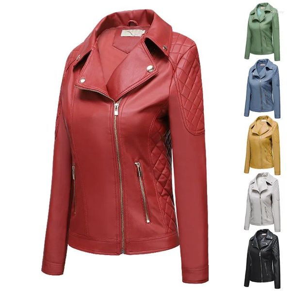 Chaquetas de cuero de Pu para mujer, abrigo de motociclista ajustado de manga larga con cremallera, prendas de vestir femeninas, color negro y rojo, otoño e invierno, 2023