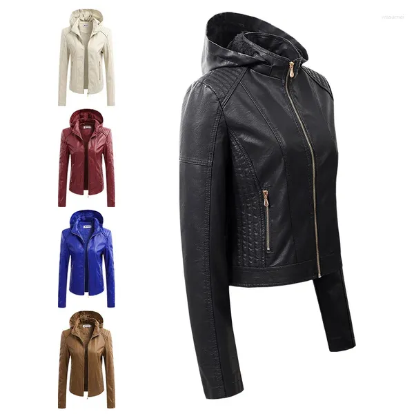 Cuir pour femmes 2023 Vestes PU à capuche détachable Femmes Automne Hiver épaississez les manches longues noires manteaux marron noir jh126