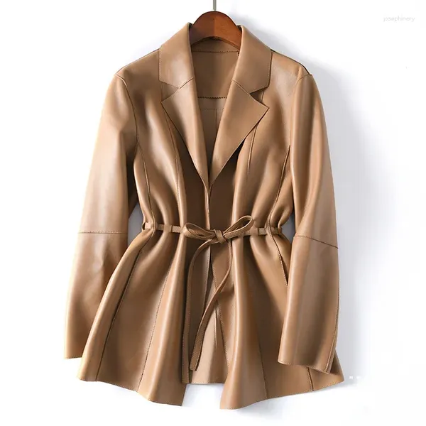 Veste en cuir 2023 véritable pour femme, Style automne et hiver, avec une ceinture amincissante en peau de mouton, costume ajusté à manches longues Ja