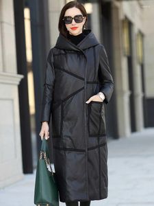 Manteau en cuir véritable pour femmes, manteau Long décontracté à capuche en peau de mouton, mode italienne Patty, F125, 2023