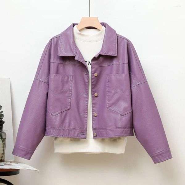 Veste en cuir à revers pour femmes, Simple boutonnage, grande poche, amincissante, Simple, violet, 2023