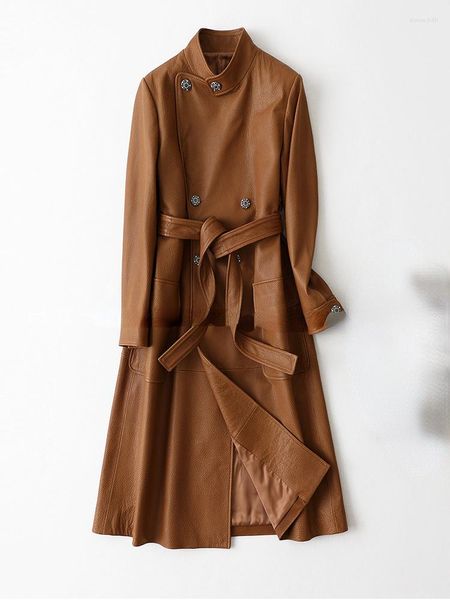 Veste en cuir véritable pour femmes, Trench-Coat à ceinture coréenne, longues vestes en peau de mouton pour vêtements, Chaqueta De Cuero Mujer Zm2226, 2023