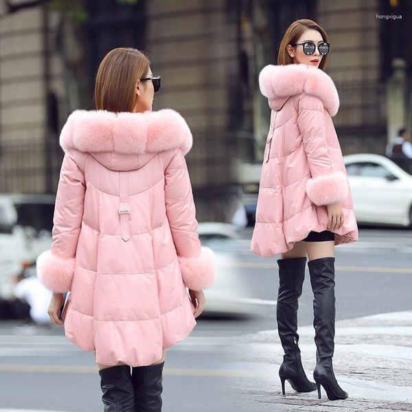 Manteau d'hiver en cuir 2023 en peau de mouton véritable pour femme, veste à capuche en duvet de canard, vêtements coréens authentiques, 2500